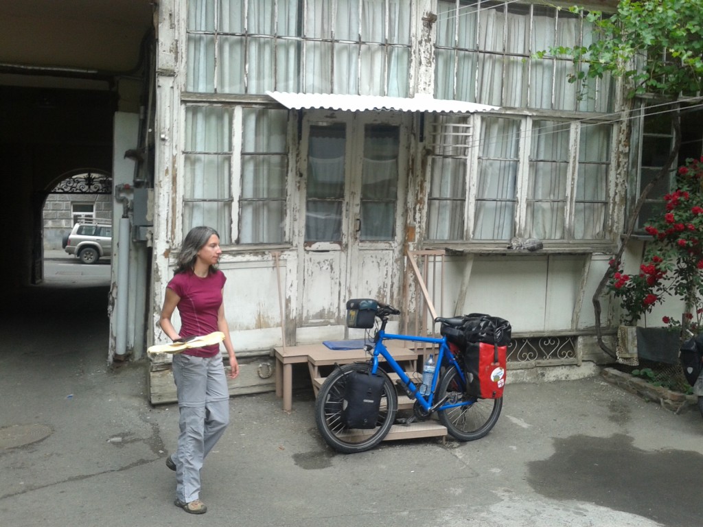 Cora returning to our backyard after shopping for some fresh Gerogian bread